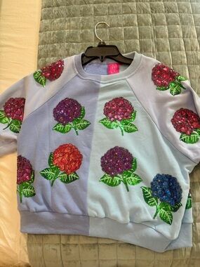 QUEEN OF SPARKLES Lavender Patchwork Sweatshirt with Multicolor Sequin Flowers